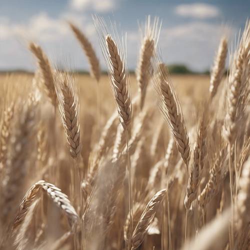 Uma planície cinzenta ensolarada, com espigas de trigo balançando suavemente com a brisa do verão.
