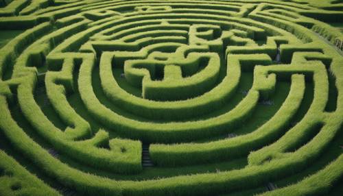 Ein kunstvoll in ein großes Feld aus üppigem grünem Gras gemähtes Labyrinth.