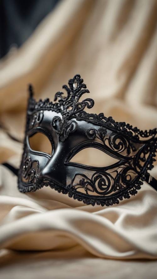 A black glittery mask lying on a cream-colored silk cloth, reminiscent of a splendid masquerade ball.