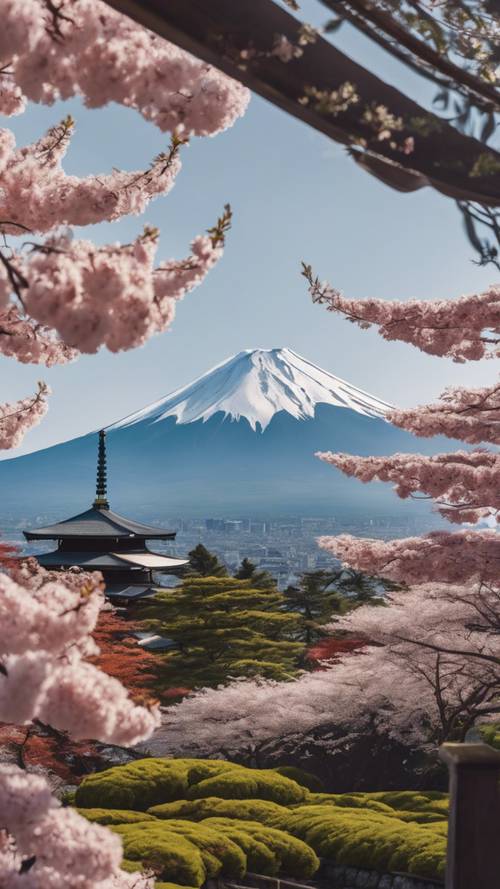 Blick auf den Fuji von einem üppigen japanischen Garten aus.