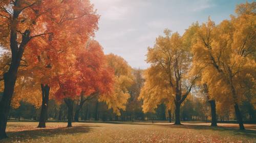 A group of colorful autumn trees in a park on a clear September day