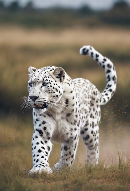 Um majestoso leopardo branco, seu corpo ondulando com poder enquanto corre atrás de sua presa através de uma planície gramada.