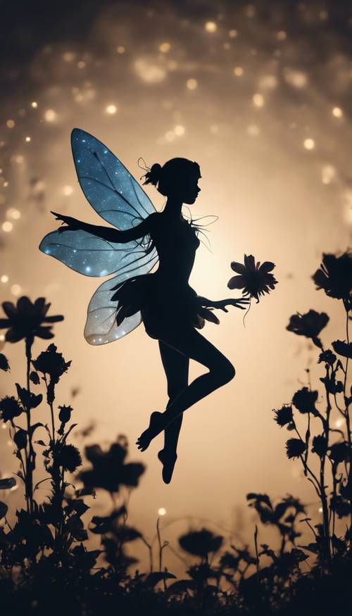 A silhouette of a fairy hovering gracefully over a blooming flower in the moonlight Tapeta [5a5b316f328e4daa8199]