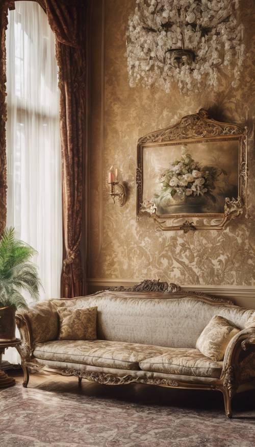Un majestuoso sofá de damasco vintage en un adornado salón de estilo victoriano.