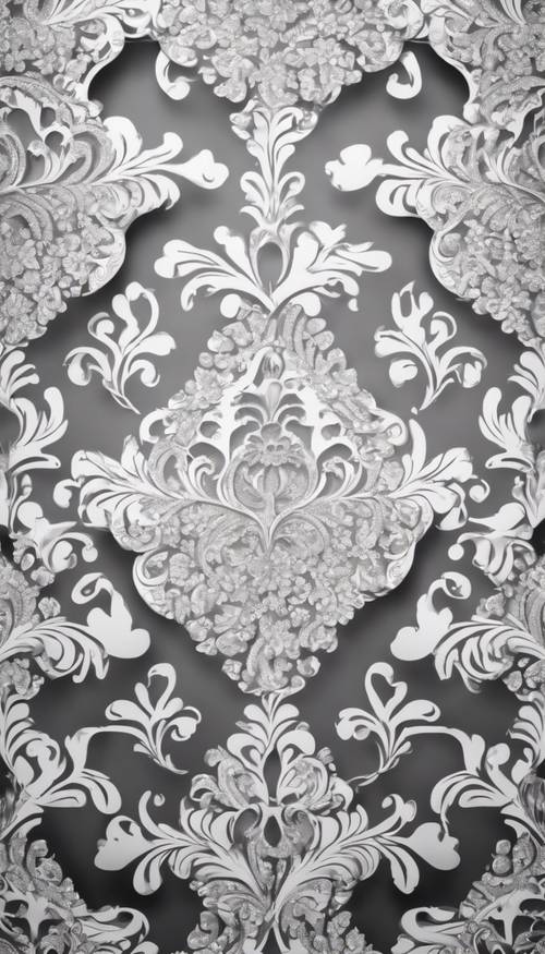 Um padrão branco ornamentado contra um pano de fundo prateado brilhante em uma impressão interminável de damasco.