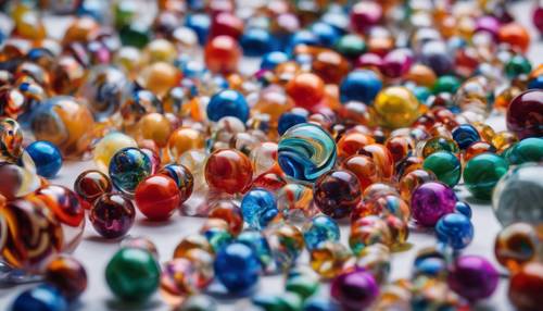 An otherworldly scene of marbles in multiple bright colors suspended in mid-air.
