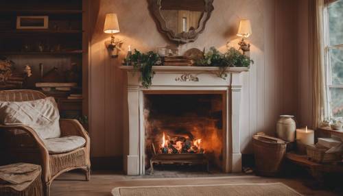 An intimate room with old-fashioned fireplace in a cottagecore style home.