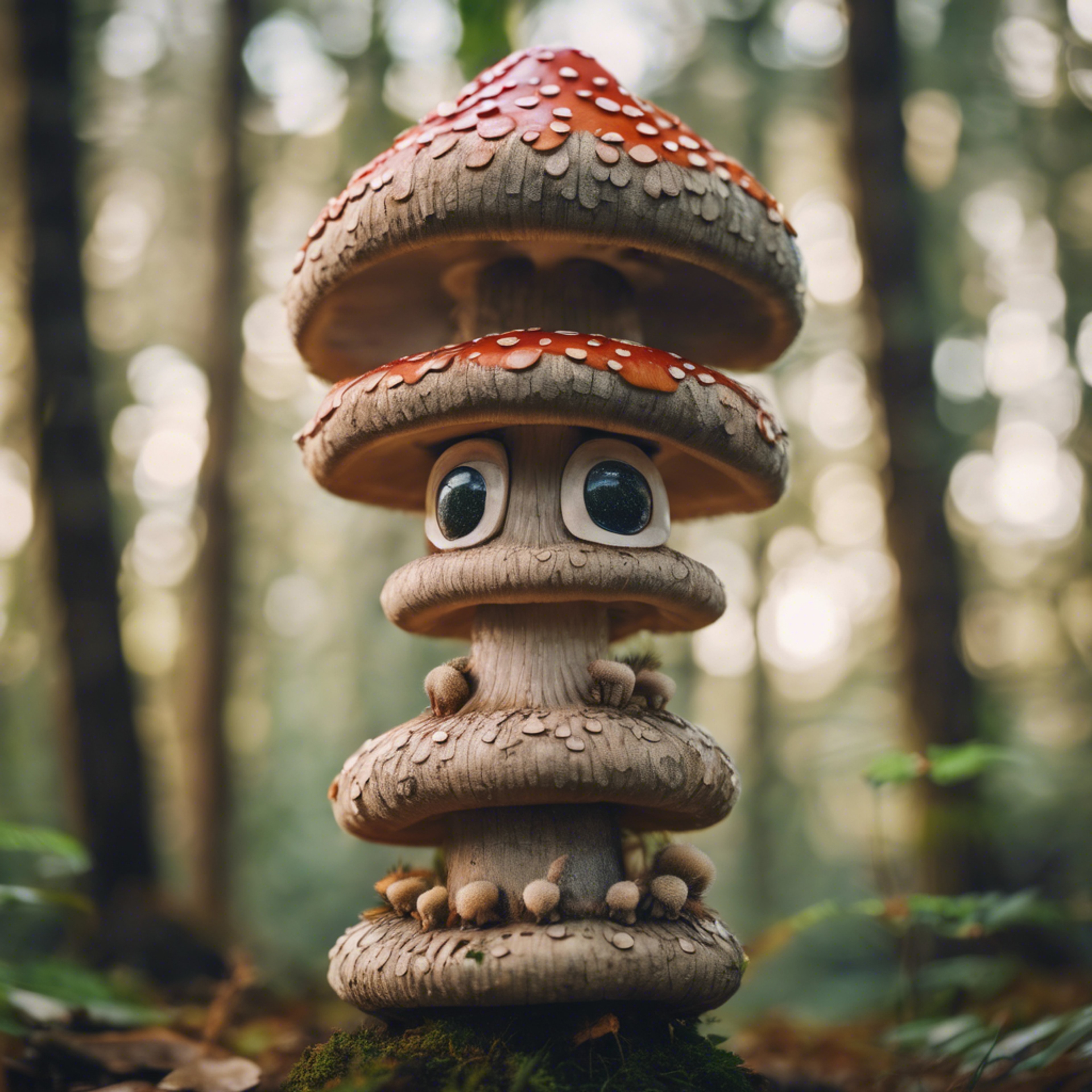 A couple of cute Mushrooms playfully stacking up to form a totem pole in a whimsical forest. Tapetai[433a45e1c3f24476b32f]
