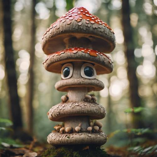 Kilka uroczych grzybów, które żartobliwie układają się w słup totemowy w fantazyjnym lesie.