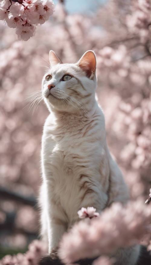 Potret detail seekor kucing marmer anggun berdiri di ladang pohon sakura yang sedang mekar.