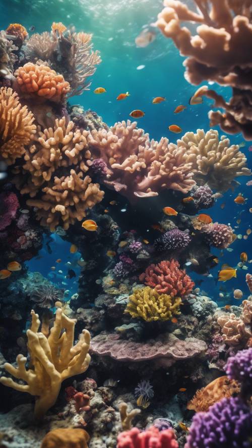 Pemandangan bawah laut berupa terumbu karang berwarna-warni yang dipenuhi dengan berbagai kehidupan laut.