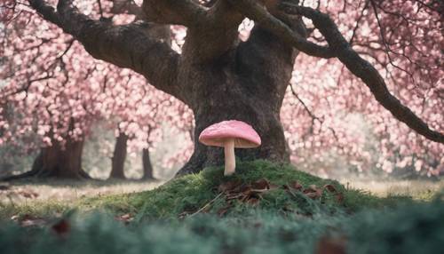 A pink and mint green mushroom under the shade of a large, ancient tree.