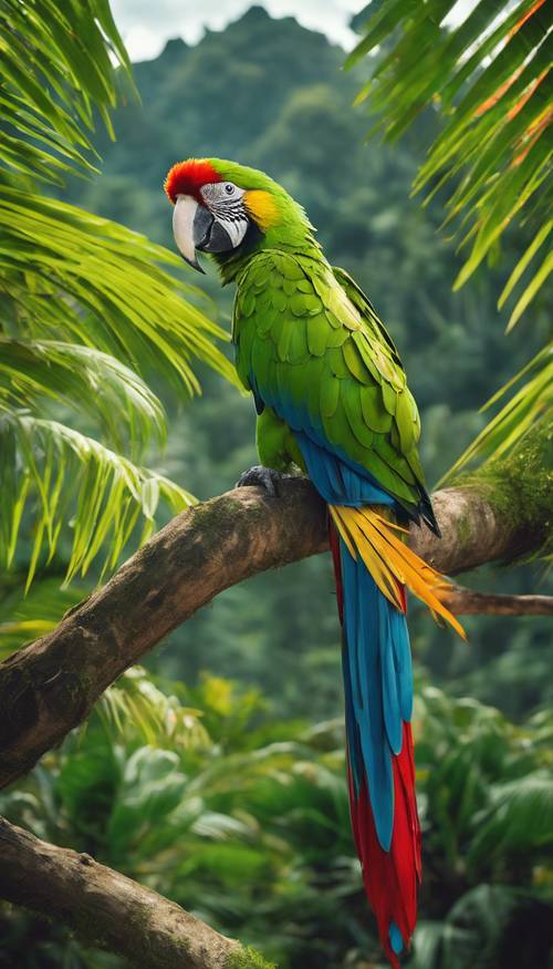 A rich green macaw gazing from a branch, its vivid feathers a stark contrast against the tropical rainforest backdrop.