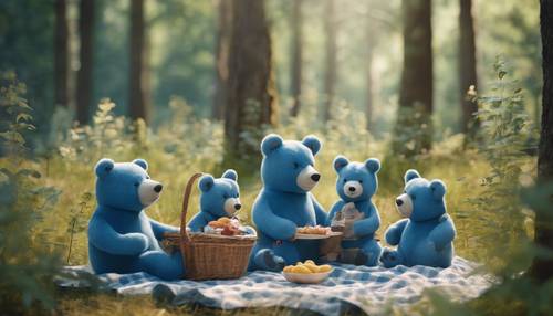 A family of blue bears enjoying a summer picnic in a cosy forest.