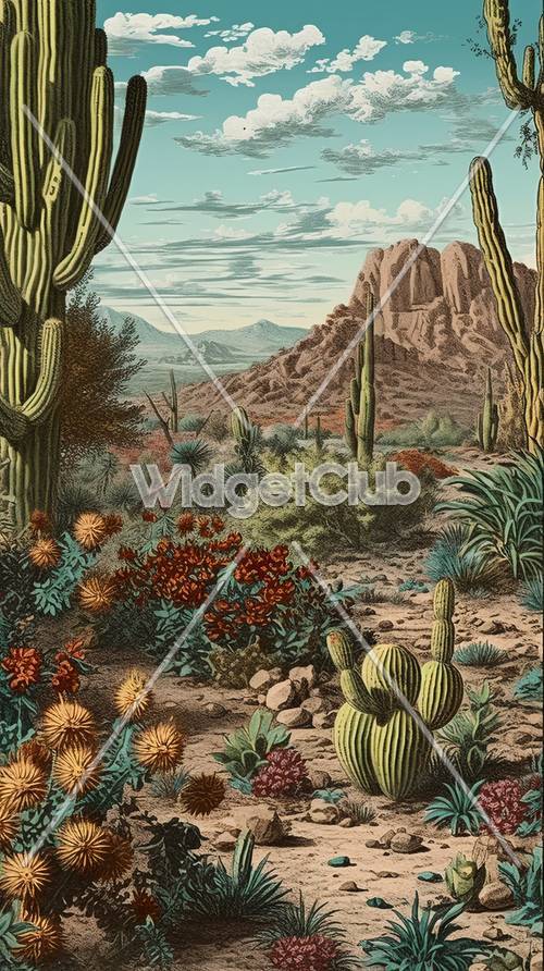 Desert Landscape with Cacti and Mountains