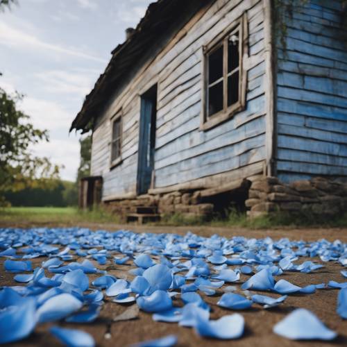 Kelopak mawar biru yang tersebar mengarah ke sebuah rumah pertanian tua dan pedesaan.