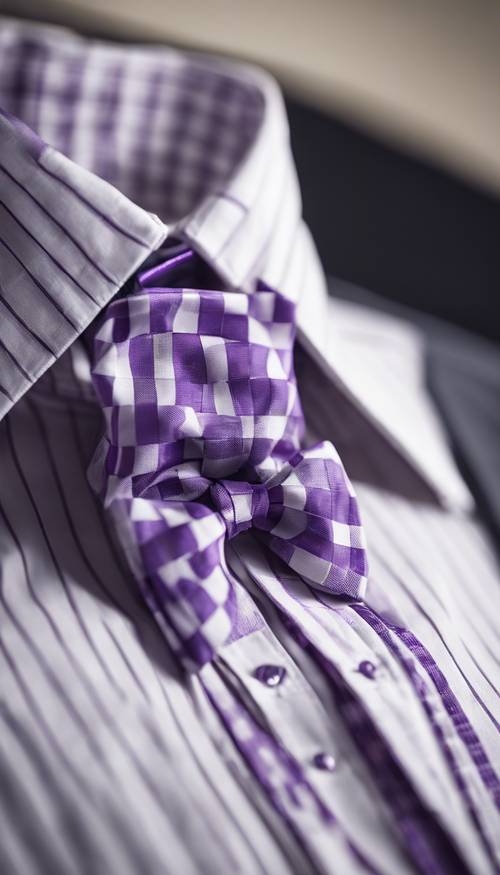 白衬衫上系着一条紫色和白色格子领结，完美无缺