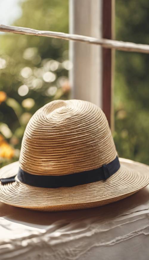 Topi jerami buatan tangan diletakkan di ambang jendela yang diterangi matahari, dengan latar belakang pemandangan taman pondok yang tenang.