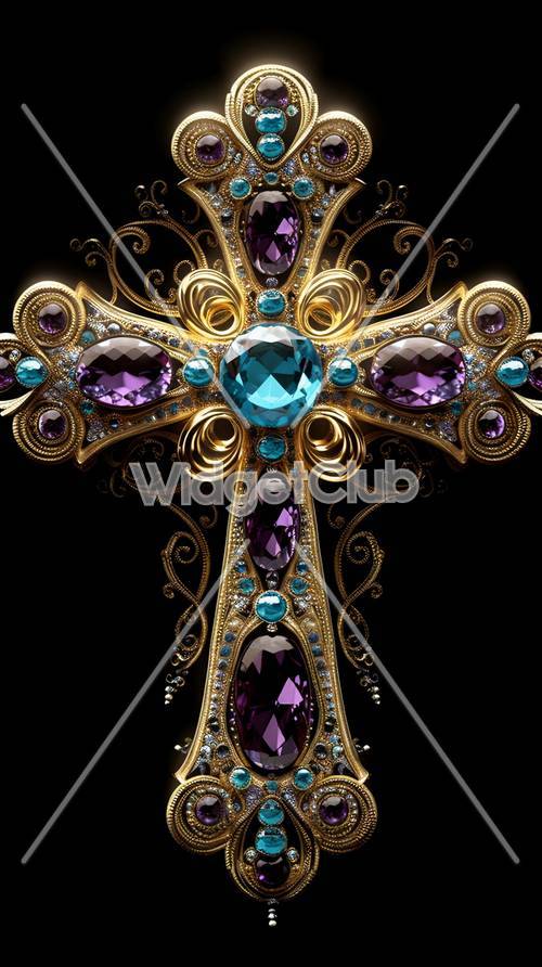 贅沢な金の十字架と宝石のデザイン壁紙