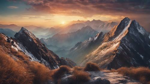 A stunning mountain range against a sunrise background. A empowering quote about overcoming challenges overlays the image. Tapeta [b4cceab0fabc472d8f65]