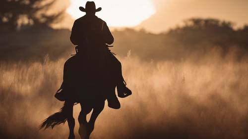A silhouette of a cowboy riding his horse into the sunrise.