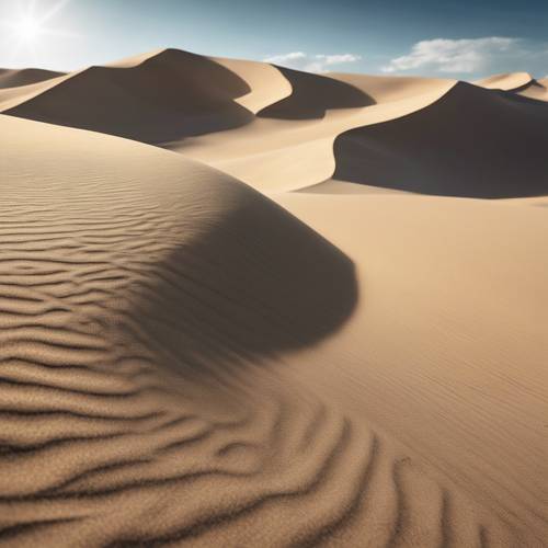 Une dune de sable beige avec des ombres noires sous un ciel azur immaculé.