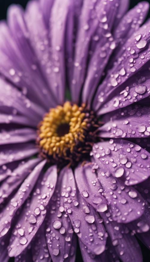 Tampilan jarak dekat dari serbuk sari bunga aster ungu, memperlihatkan detail yang rumit
