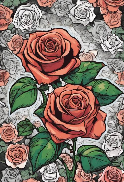 兩朵卡通玫瑰交織在一起的特寫，象徵愛。