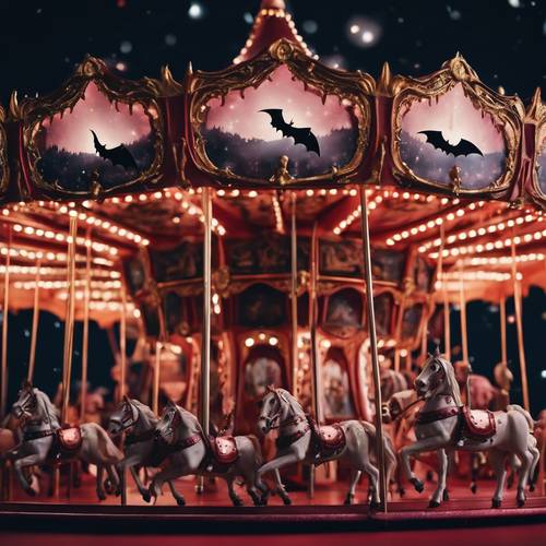 A cute miniature gothic carousel, decked with bats instead of horses, under a crimson night sky. Tapet [0906771acfad4b9aa2e2]