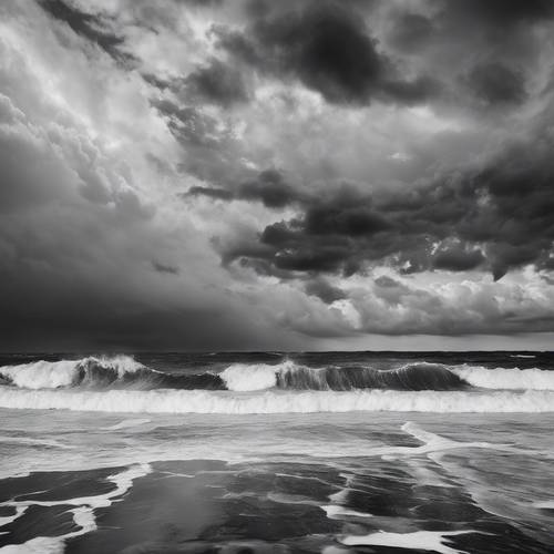 Una imagen surrealista en blanco y negro, donde el cielo está lleno de nubes onduladas que reflejan el caos del mar tormentoso debajo.