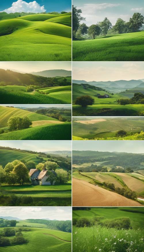 Un collage sereno de hermosos paisajes verdes de diversas escenas rurales de todo el mundo. Fondo de pantalla [3e6b35be3ab14ae0959f]