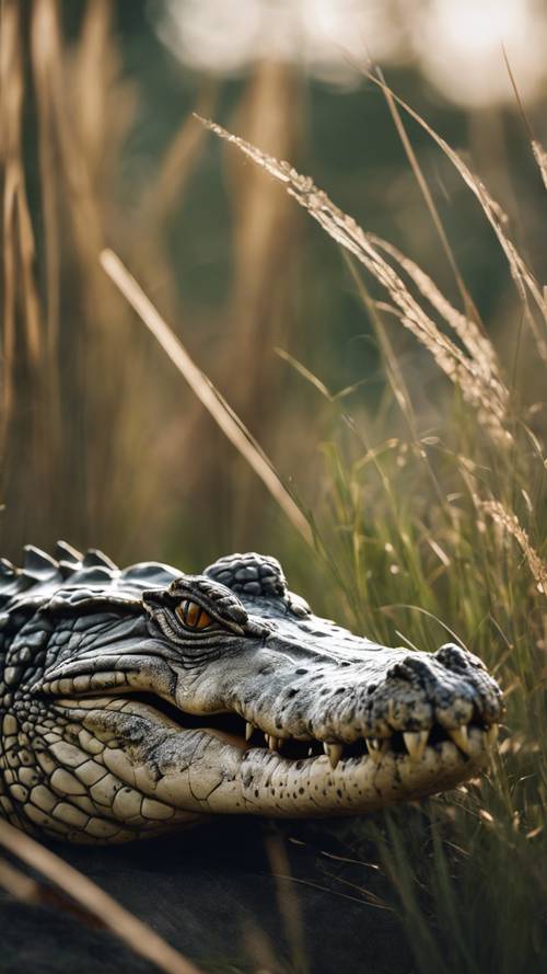 Um crocodilo aninhado entre a grama alta, observando os arredores com olhos atentos.