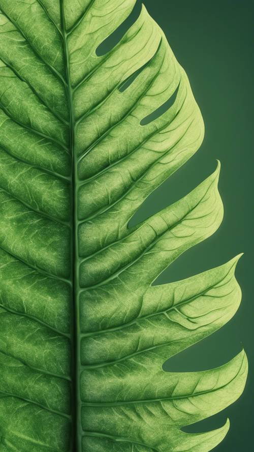 An intricately detailed botanical illustration of a tropical green leaf.