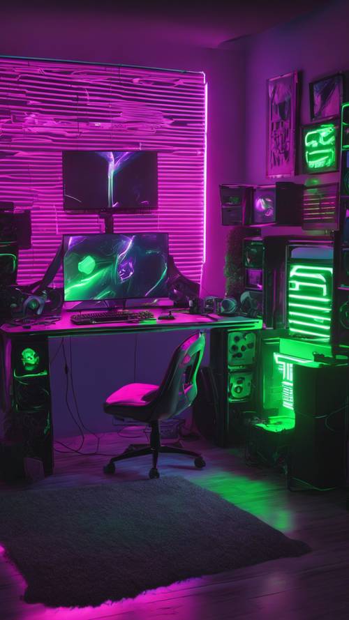 High tech gaming pc setup with neon green ambient lighting
