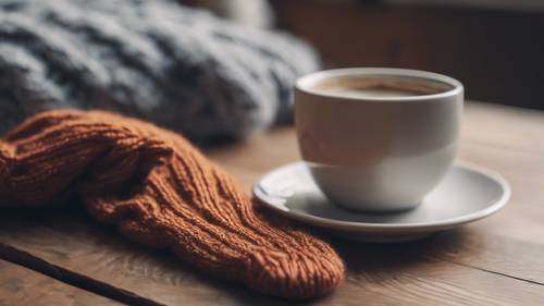 Handgestrickte Wollsocken auf einem Tisch neben einer Kaffeetasse an einem kühlen Septembermorgen