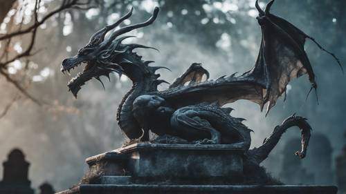 Um dragão ao luar esculpido a partir de misteriosas gavinhas de fumaça sobre um antigo cemitério.