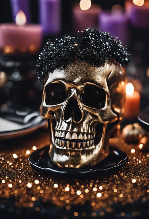 A Halloween party table set with a glitter skull centerpiece and black candles.