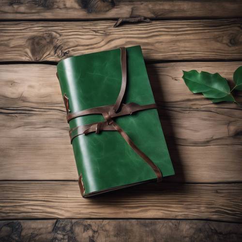 一本复古染成绿色的皮革日记本放在一张古老的橡木桌上。