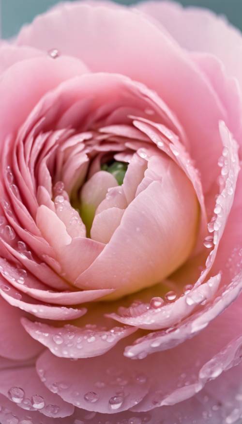 Sekuntum bunga ranunculus merah muda lembut yang mekar penuh, ditangkap saat fajar dengan tetesan embun di kelopaknya.