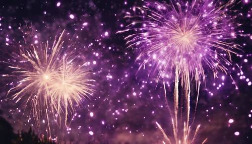 A dazzling display of purple and silver fireworks lighting up the night sky.