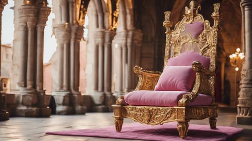 Um trono dourado com almofadas rosa tendo como pano de fundo um castelo medieval.