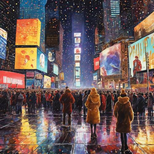 Un dipinto celebrativo del Capodanno a Times Square, pieno di gioia e attesa.