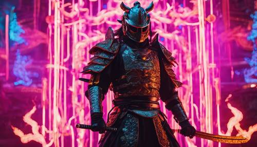 A samurai warrior, masked by a neon dragon, standing tall amidst neon flames.