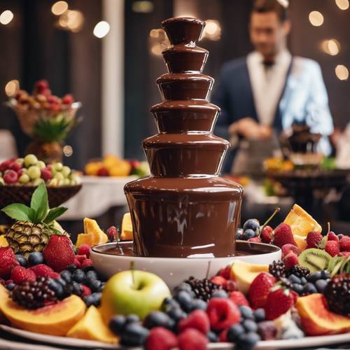 An active, flowing chocolate fountain at a banquet, surrounded by assorted fruits for dipping. Tapéta [7f4c002649c841c689c1]