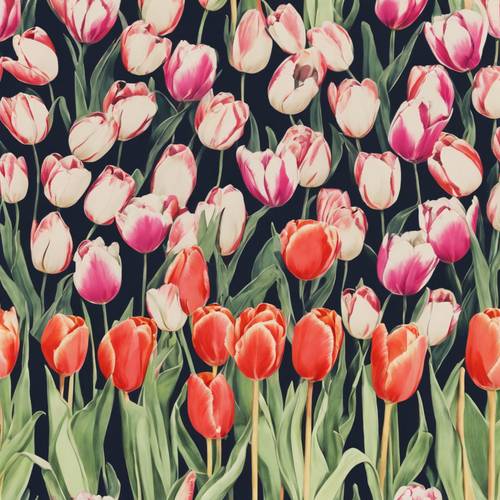 Tkanina w stylu retro z lat pięćdziesiątych, tulipany w wiosennych kolorach.