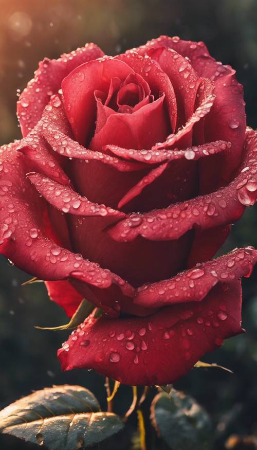 لقطة مقربة لوردة حمراء نابضة بالحياة في إزهار كامل مع قطرات الندى على بتلاتها أثناء شروق الشمس.