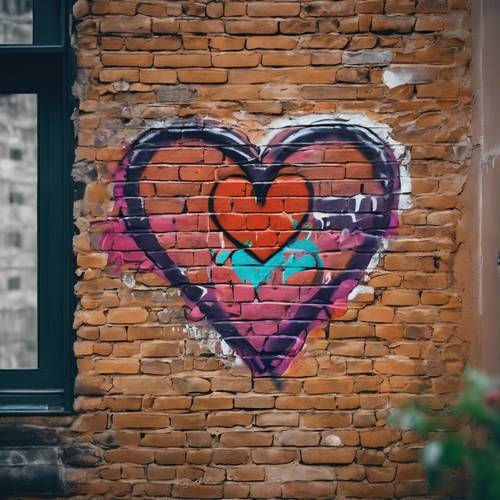 Heart-shaped street art graffiti on a brick wall in an old side of town, soaked in indie culture.