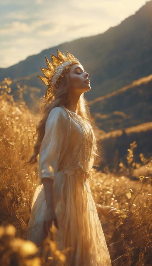 Eine Sonnenfee, die goldene Morgenstriche über ein schlafendes Tal malt