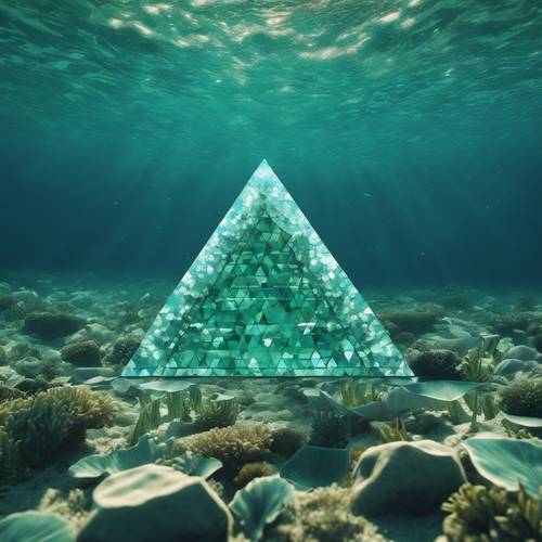 Podwodny pejzaż morski przekształcony w geometryczne trójkąty, odzwierciedlające każdy odcień błękitu i zieleni.