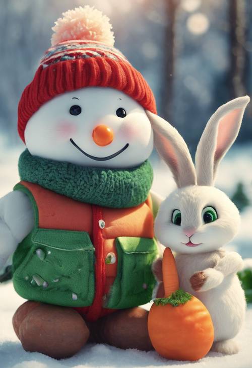 Un bonhomme de neige aux joues rouges dans un gilet vert, partageant joyeusement une carotte avec un lapin.